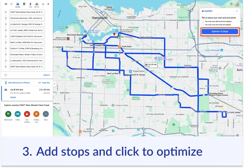 Screenshot showing a Google Maps page, with a tangled 10-stop route. The Routific Chrome extension panel displays a button saying “Optimize 10 stops”. Text: 3. Add stops and click to optimize.