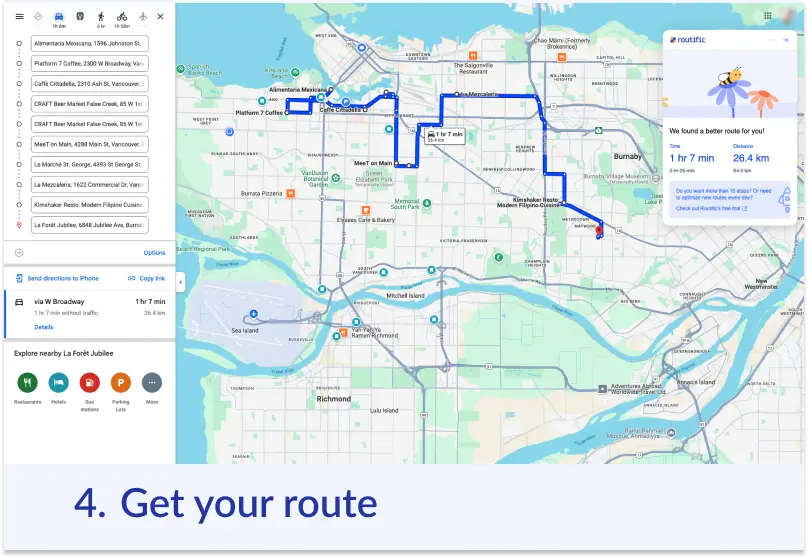 Screenshot showing a Routific optimized route in Google Maps. Text: 4. Get your route.