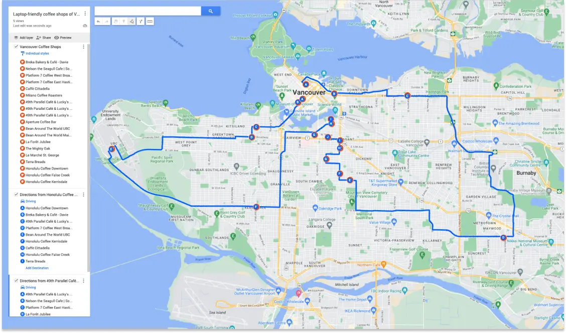 Full-screen shot of My Maps showing two route layers with multiple stops on each route.