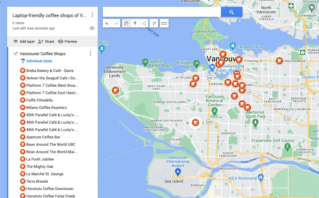 Full-size screenshot showing a detailed My Maps view with many coffee shops highlighted with red icons