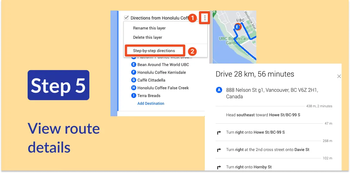 Screenshots showing the “Step-by-step directions” button and the resulting directions popup. Text: Step 5, View route details