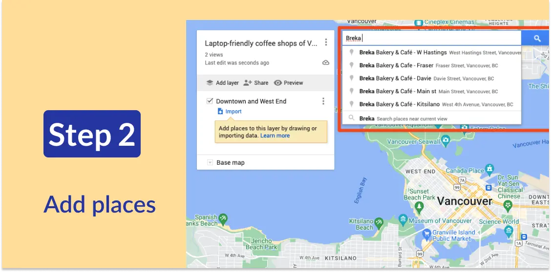 Screenshot showing the search bar in My Maps. Text: Step 2: Start adding places.
