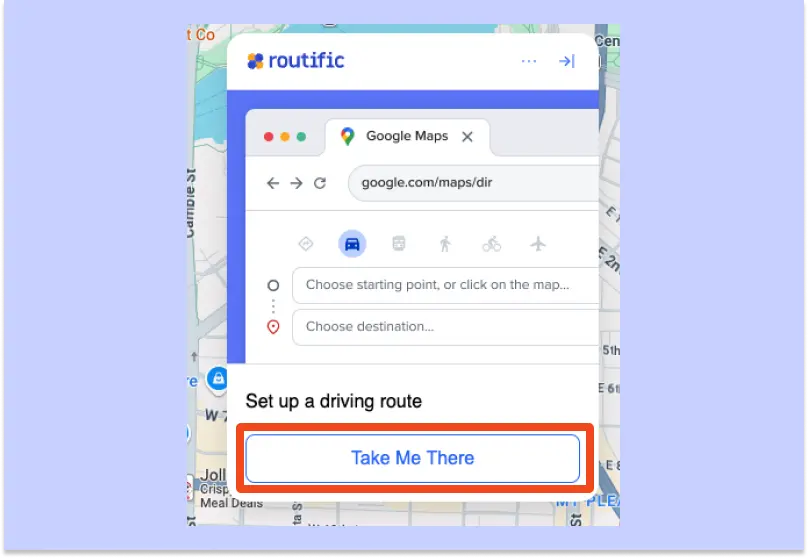 Captura de pantalla que muestra el panel de la extensión Routific de Chrome después de conectarse con Google. El botón dice "Take Me There".