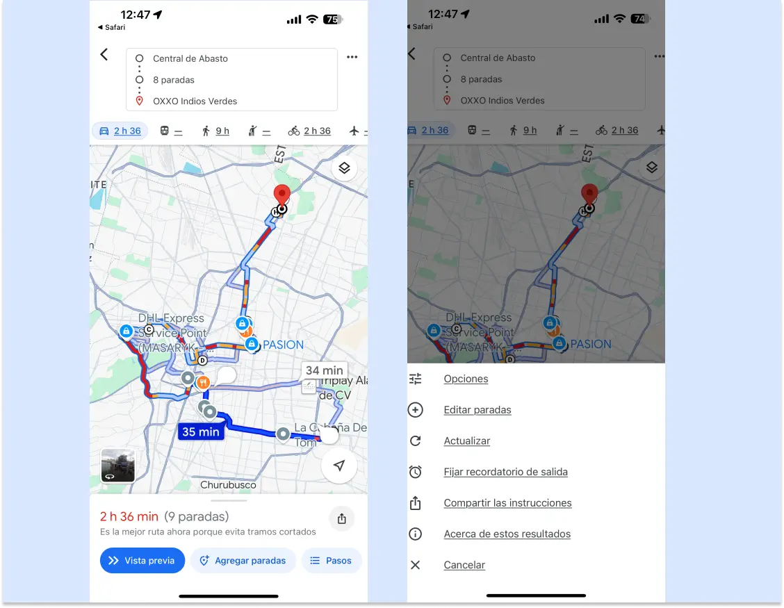 Ruta de Google Maps en un iPhone, junto con un panel ampliado que muestra la opción de ruta.