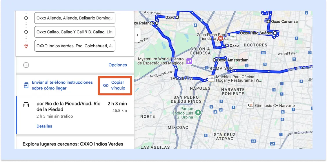 Panel de rutas de Google Maps. "Copiar vínculo" está resaltado en rojo.