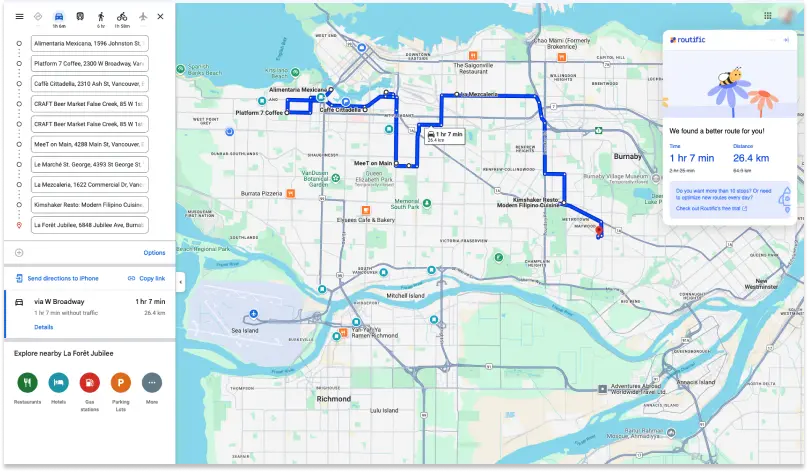 Captura de pantalla que muestra una ruta optimizada de Routific en Google Maps.