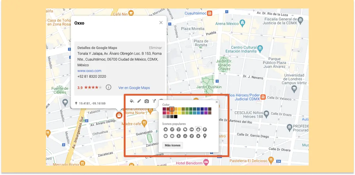 Captura de pantalla que muestra el menú emergente de información del lugar en My Maps, con el panel de iconos y colores personalizados.