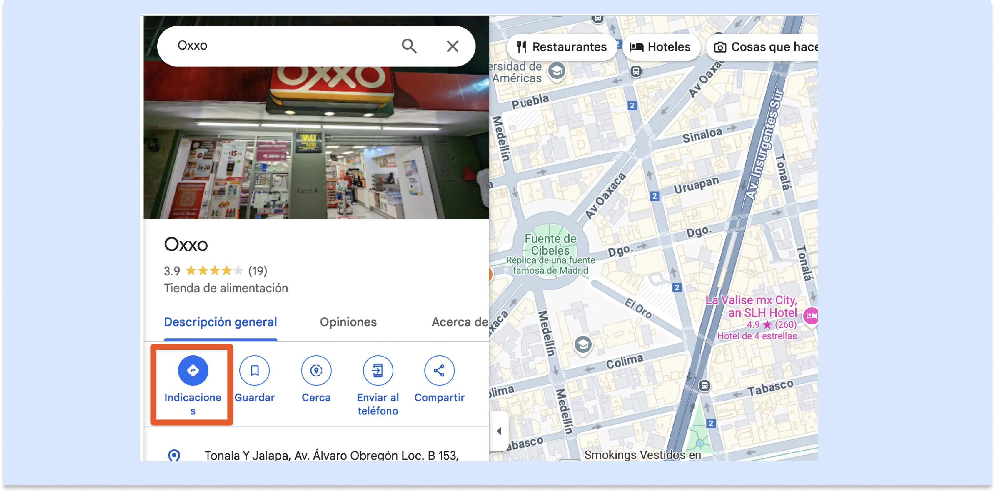 Captura de pantalla del panel de detalles en Google Maps para OXXO en Av. Álvaro Obregón. El botón Indicaciones está resaltado en rojo.