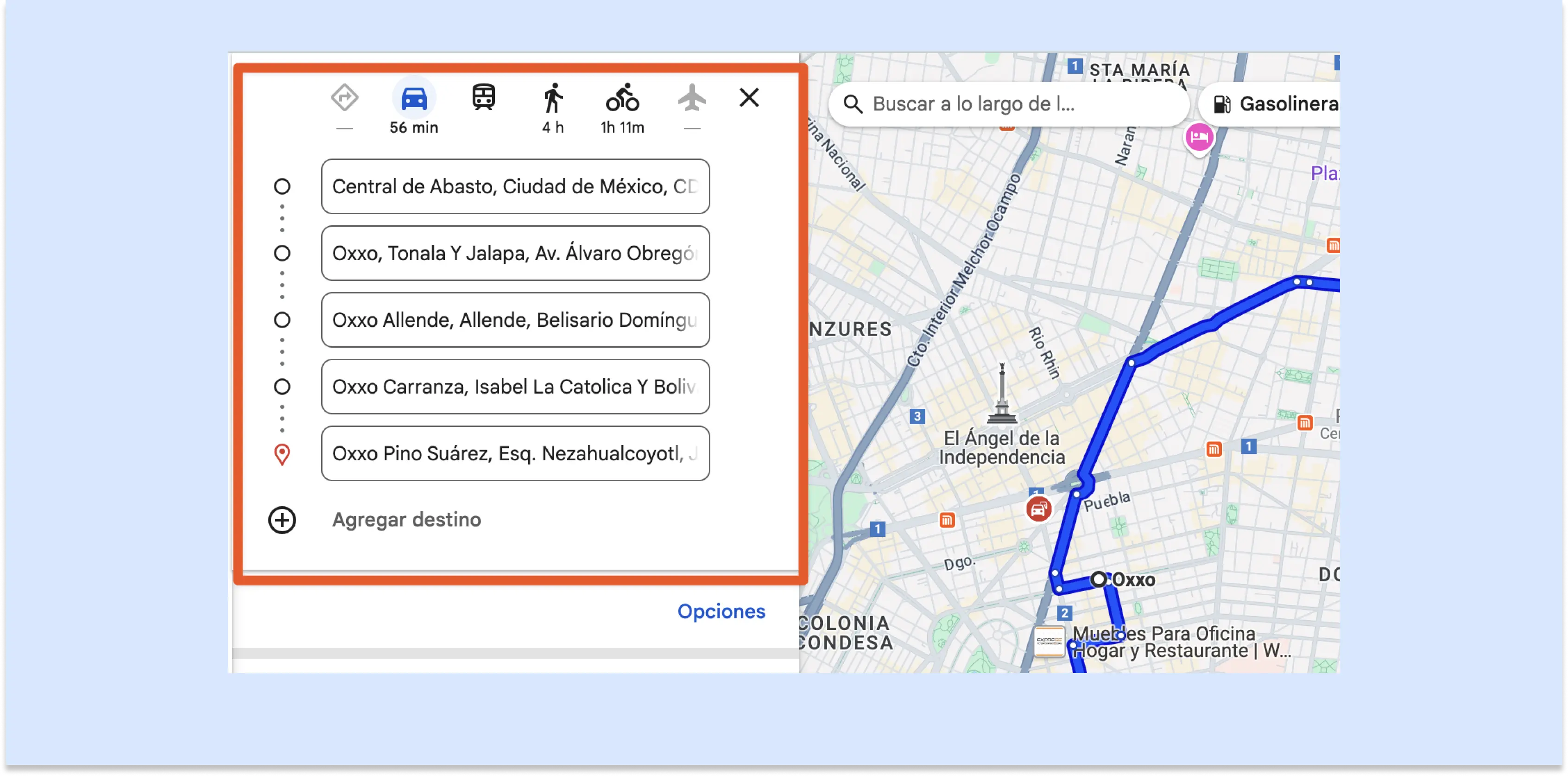 El panel de rutas de Google Maps muestra una lista de cinco destinos: "Central de Abasto" y cuatro sucursales OXXO diferentes. También está visible el botón "+ Agregar destino".