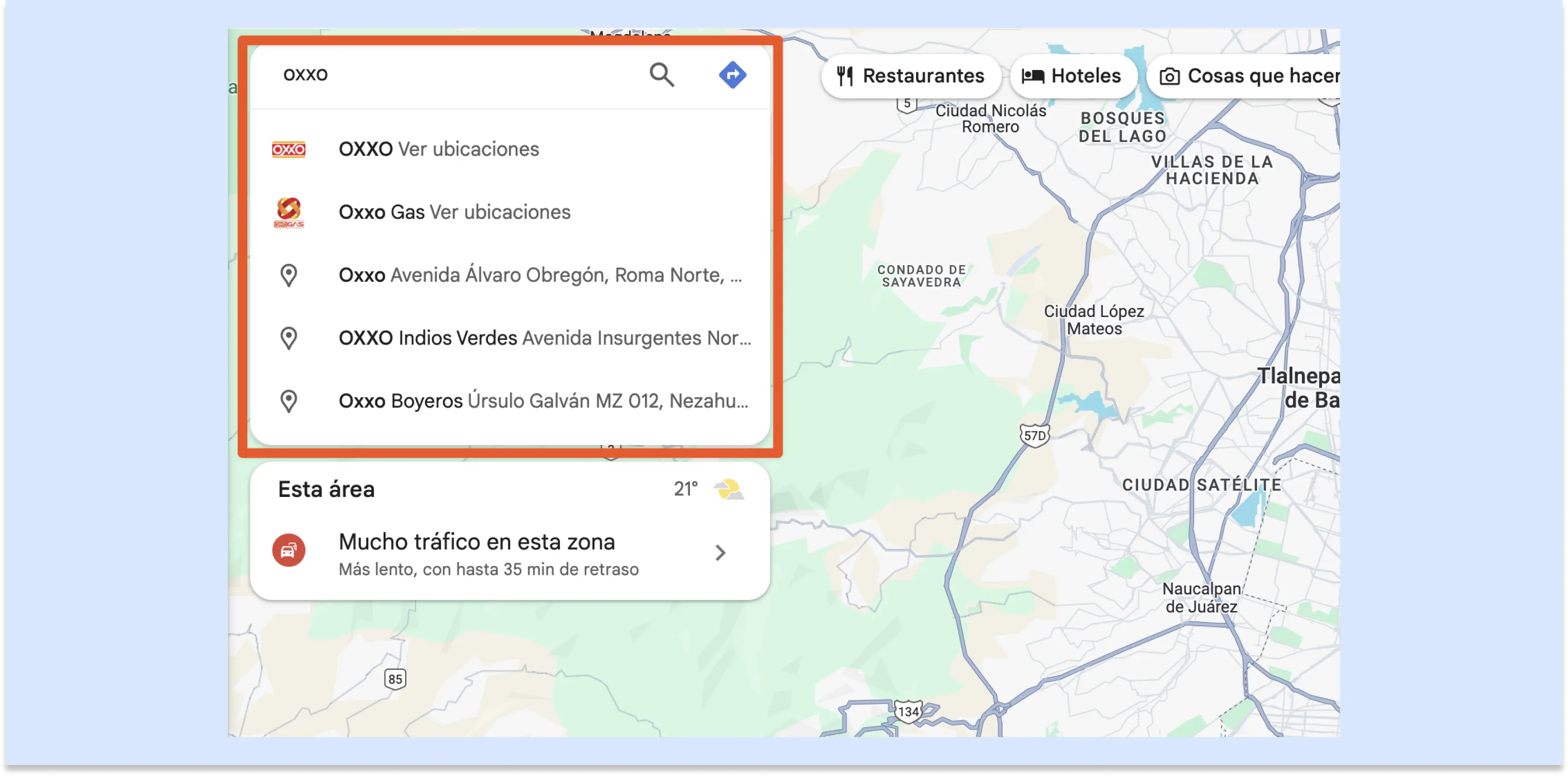 Captura de pantalla de la barra de direcciones en Google Maps, que muestra una búsqueda de OXXO en la Ciudad de México.