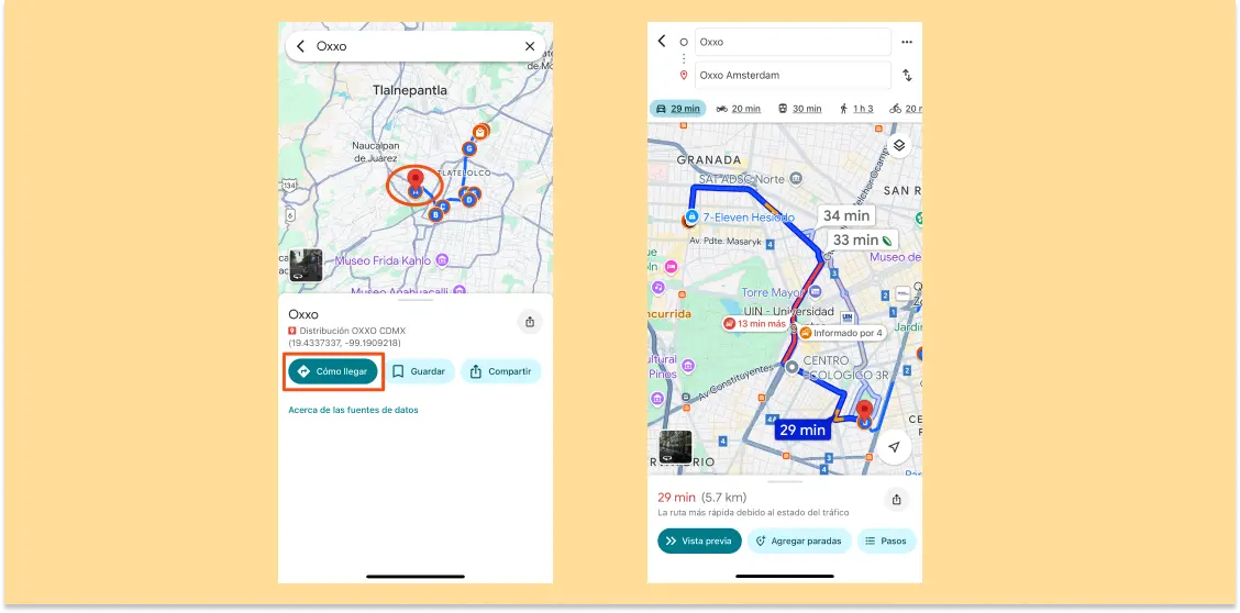 Capturas de pantalla del teléfono que muestran el proceso para obtener indicaciones de conducción desde un mapa guardado.