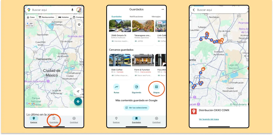 Capturas de pantalla del teléfono que muestran el proceso para ver los mapas guardados.