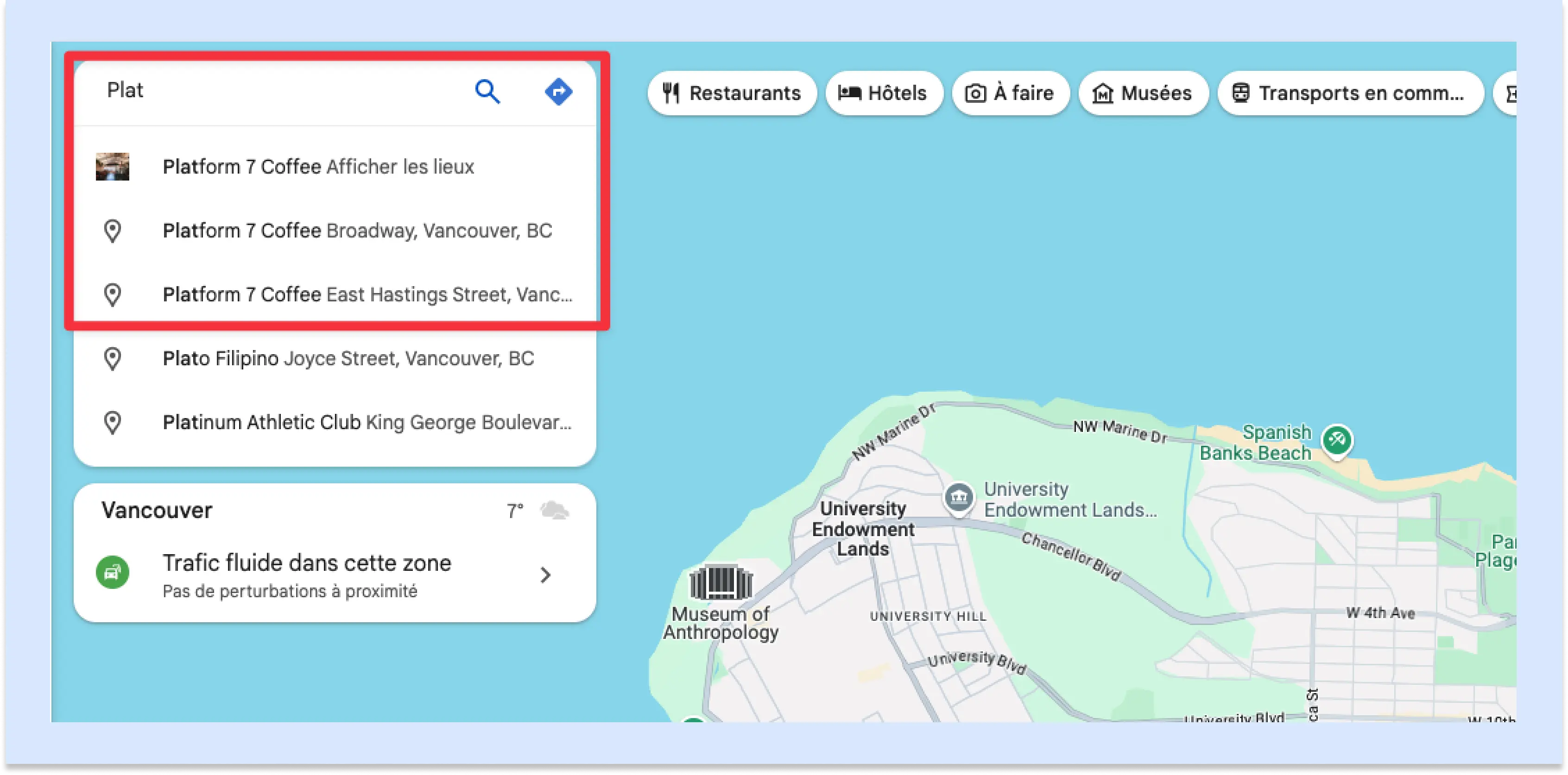 Capture d'écran de la barre de recherche dans Google Maps, montrant une recherche pour Platform 7 Coffee.