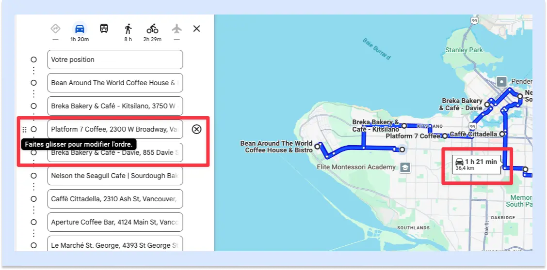 Panneau d'itinéraire Google Maps et écran de carte. Le message "Faites glisser pour modifier l’ordre" est surligné en rouge.
