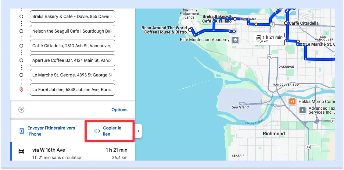 Panneau d'itinéraire Google Maps. « Copier le lien » est surligné en rouge.