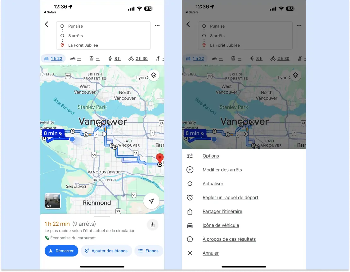 Itinéraire Google Maps sur un iPhone, avec un panneau étendu montrant les options d'itinéraire.