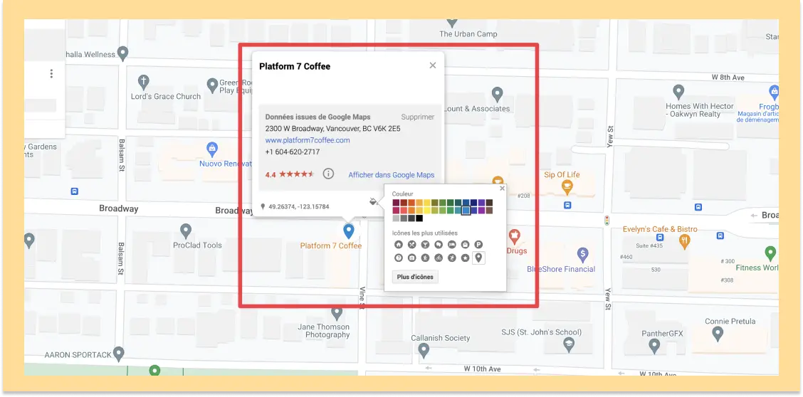 Capture d'écran montrant la fenêtre d'info d'un lieu dans My Maps, avec le panneau de couleurs et d'icônes personnalisées.