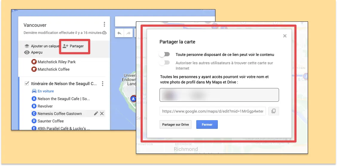 Captures d'écran montrant le bouton "Partager" et la fenêtre contextuelle avec les options de partage qui en résulte.