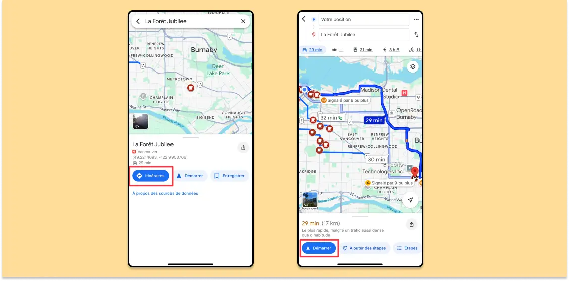 Captures d'écran de téléphone montrant le processus pour obtenir des directions de conduite à partir d'une carte enregistrée.