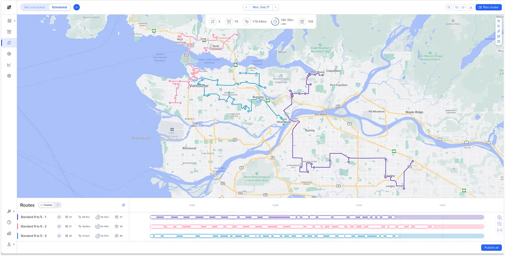 Routific route planning screenshot showing three optimized routes.