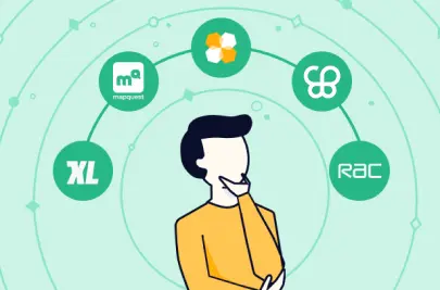 Illustration. A man in "thinking" pose surrounded by stylized logos of different route planning apps.