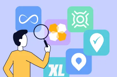 Illustration. A man with a magnifying glass considers a vertical display featuring stylized logos of different route planning apps.