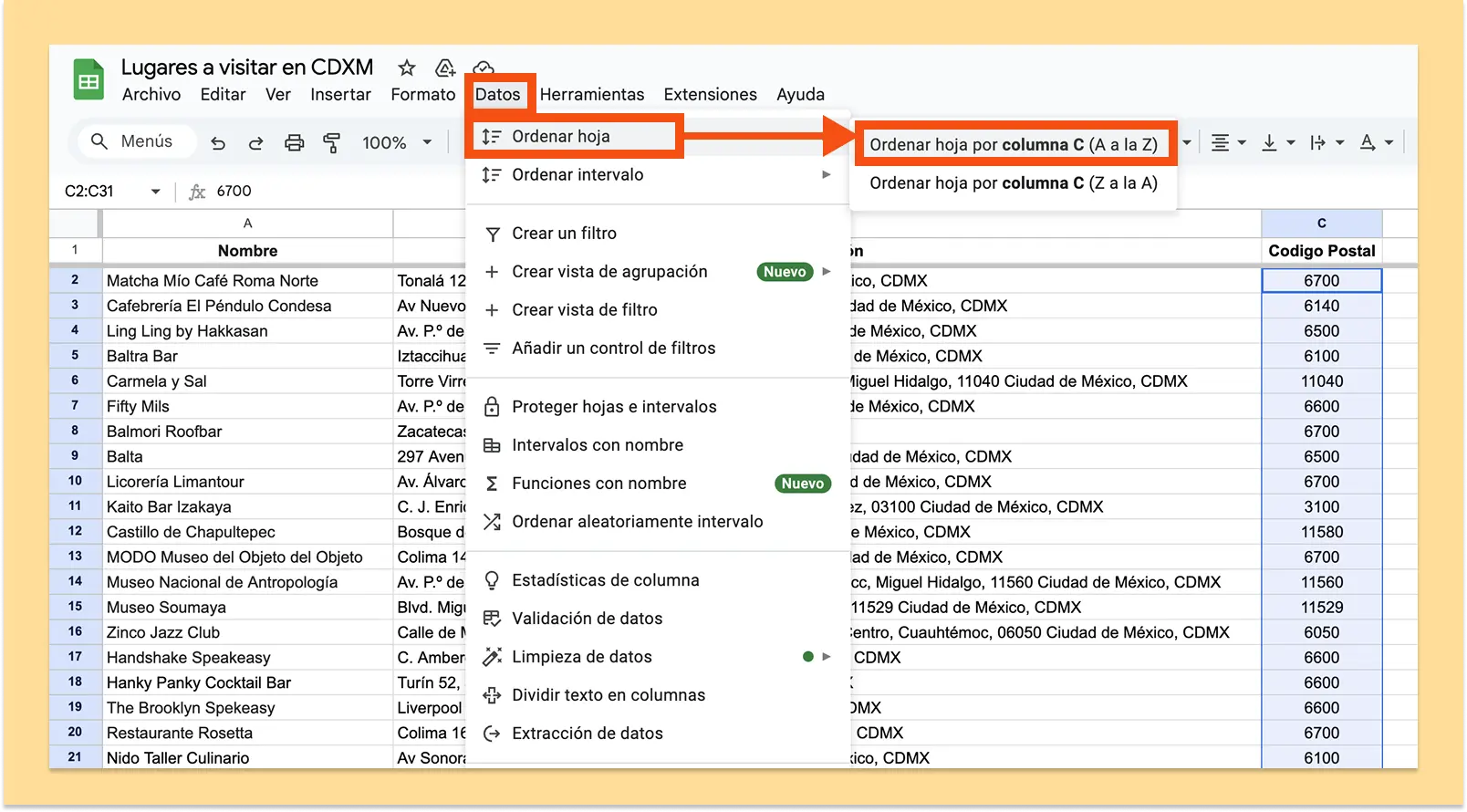 Ordenar datos alfabéticamente