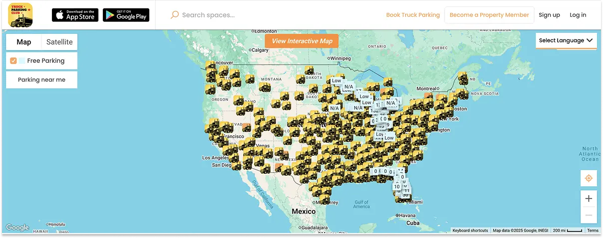 Screenshot from Truck Parking Club showing truck parking spots in the US