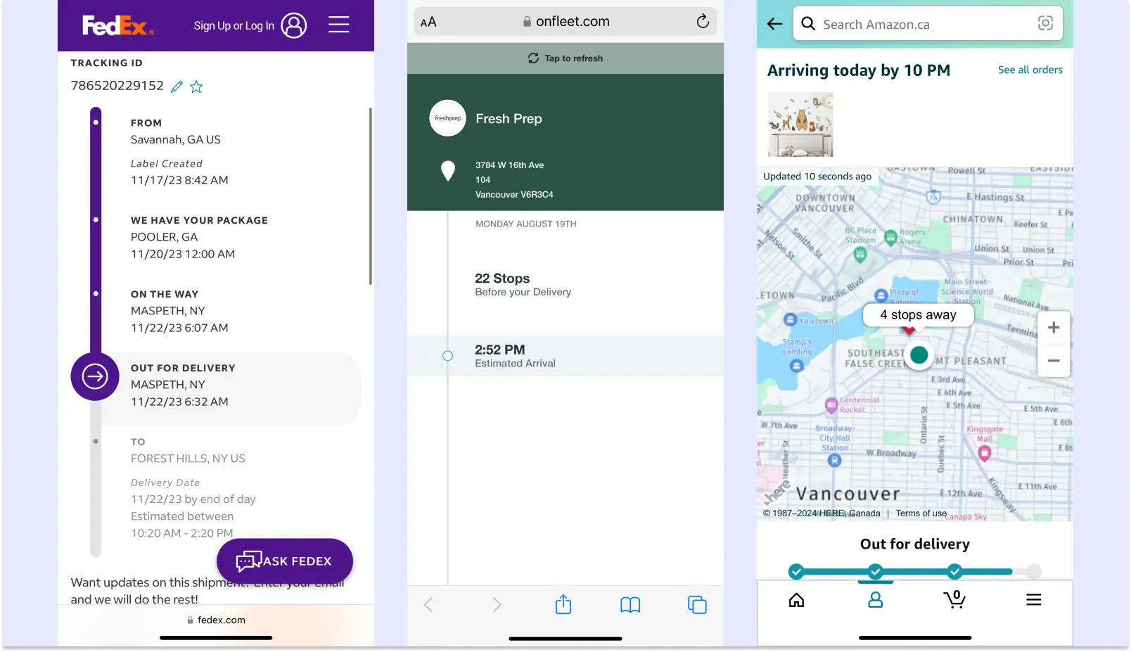 Three mobile phone screenshots showing delivery notifications from FedEx, Fresh Prep, and Amazon.