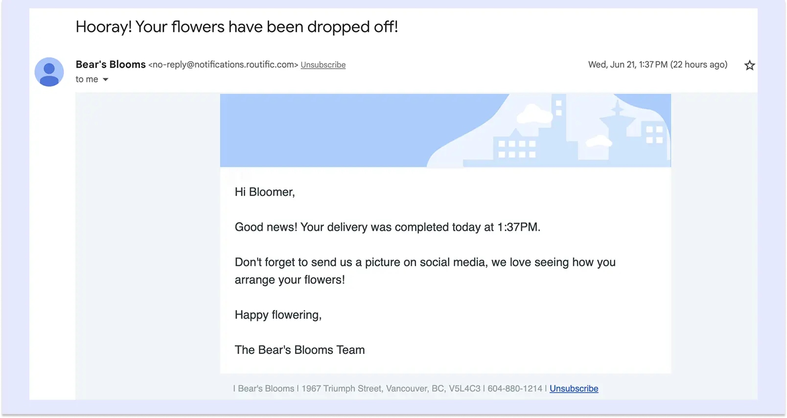 Screenshot of an email delivery notification, noting the time and date of delivery.
