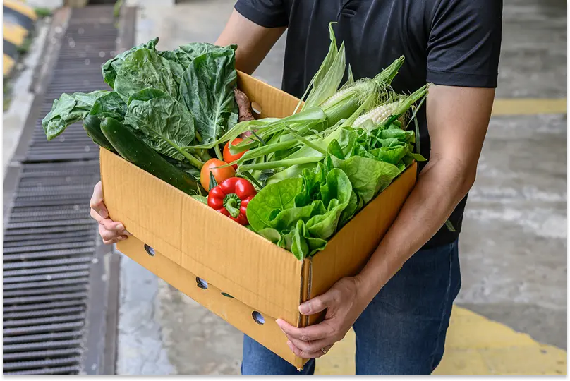 A man holds a cardboard box containing a selection of fresh vegetables