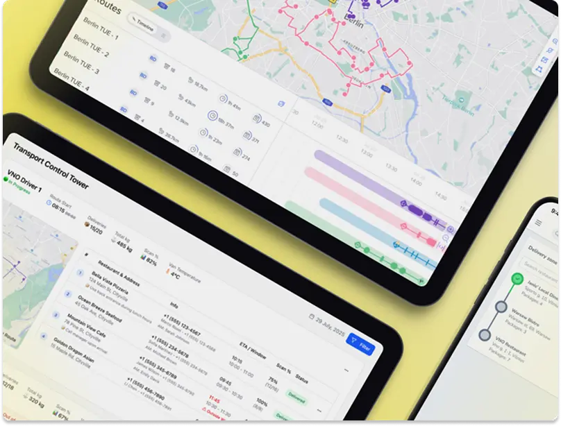 Three tablets showing views of Routific’s delivery management software in action.