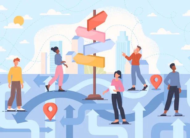 Illustration showing a tangle of lines with direction arrows and location pins, showing possible routes and destinations. Five characters are shown in poses suggesting they’re looking around or trying to find the best route.