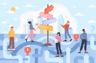 Illustration showing a tangle of lines with direction arrows and location pins, showing possible routes and destinations. Five characters are shown in poses suggesting they’re looking around or trying to find the best route.