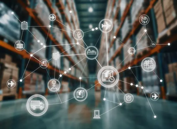A network of logistics and supply chain icons superimposed over a blurred warehouse
