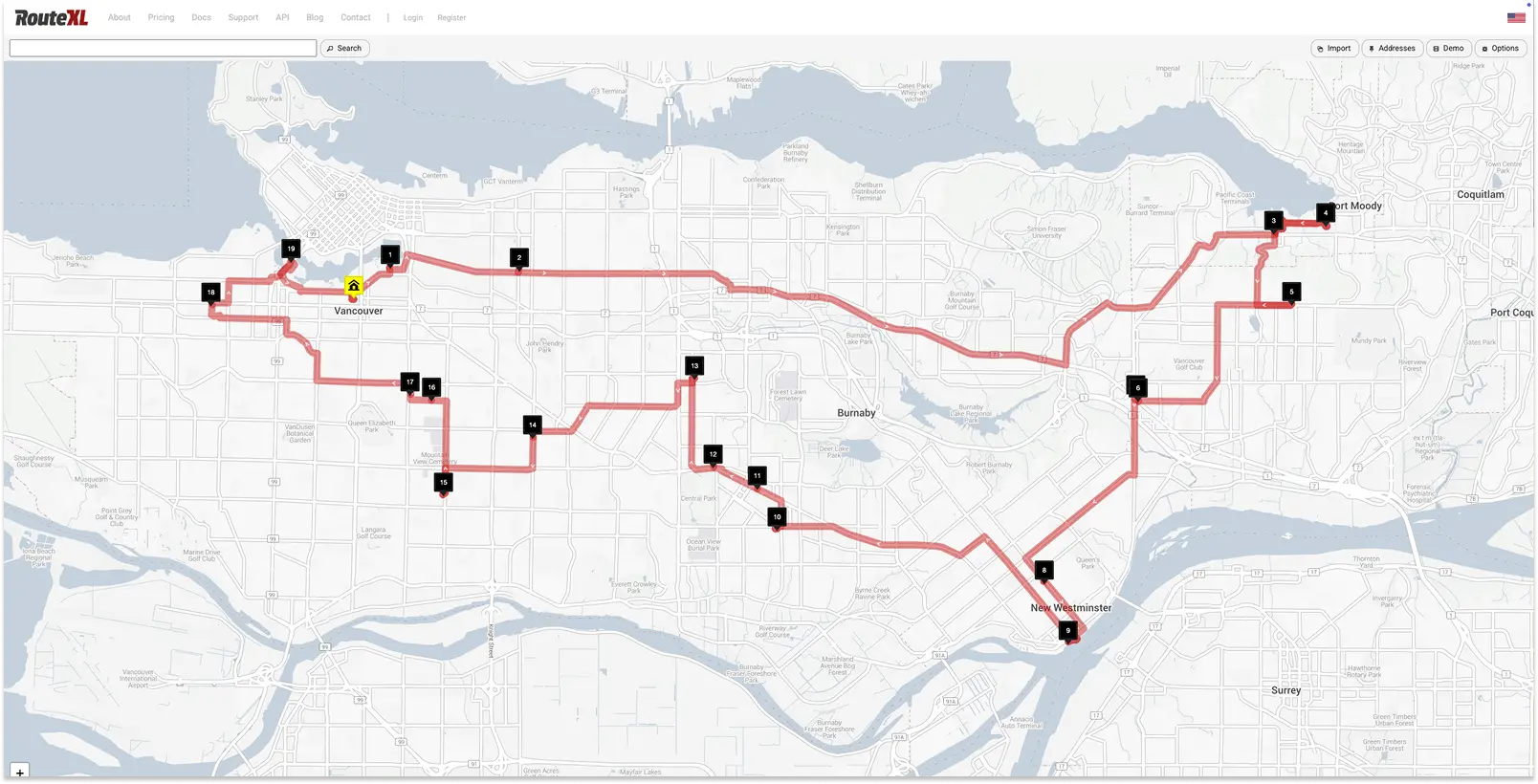 RouteXL screenshot showing a route in Vancouver