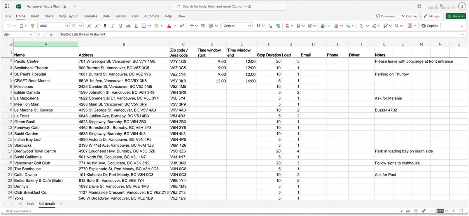 Partial screenshot of a spreadsheet showing the title "Vancouver Route plan" and multiple columns.