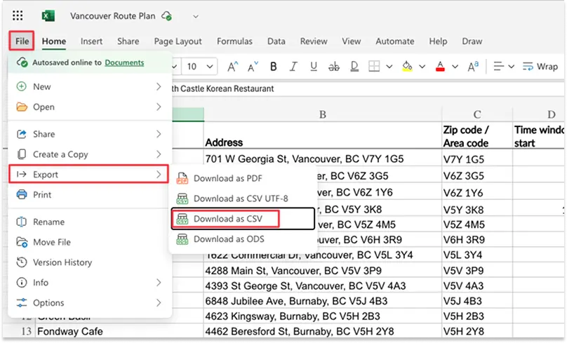 Screenshot showing the File>Export>CSV menu in Excel.