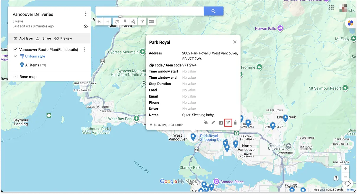 MyMaps screenshot showing the information card for a single stop. The “Create Route” button is highlighted.