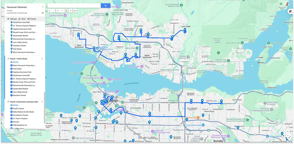 MyMaps screenshot showing two routes created in Vancouver.