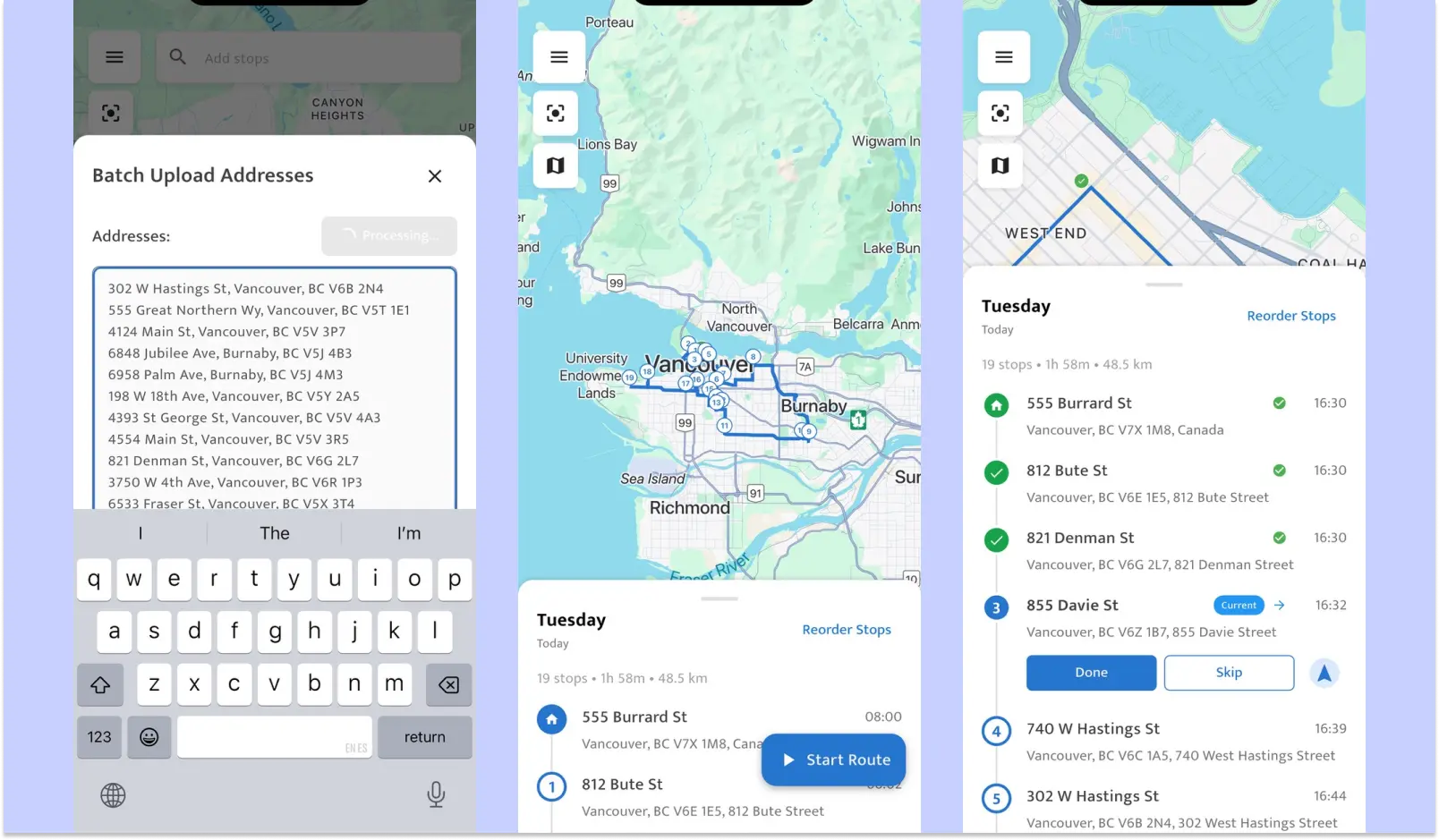 Three screenshots from SoloRoute Mobile. They show batch upload of addresses, an optimized route and a list of stops with some marked off as completed.