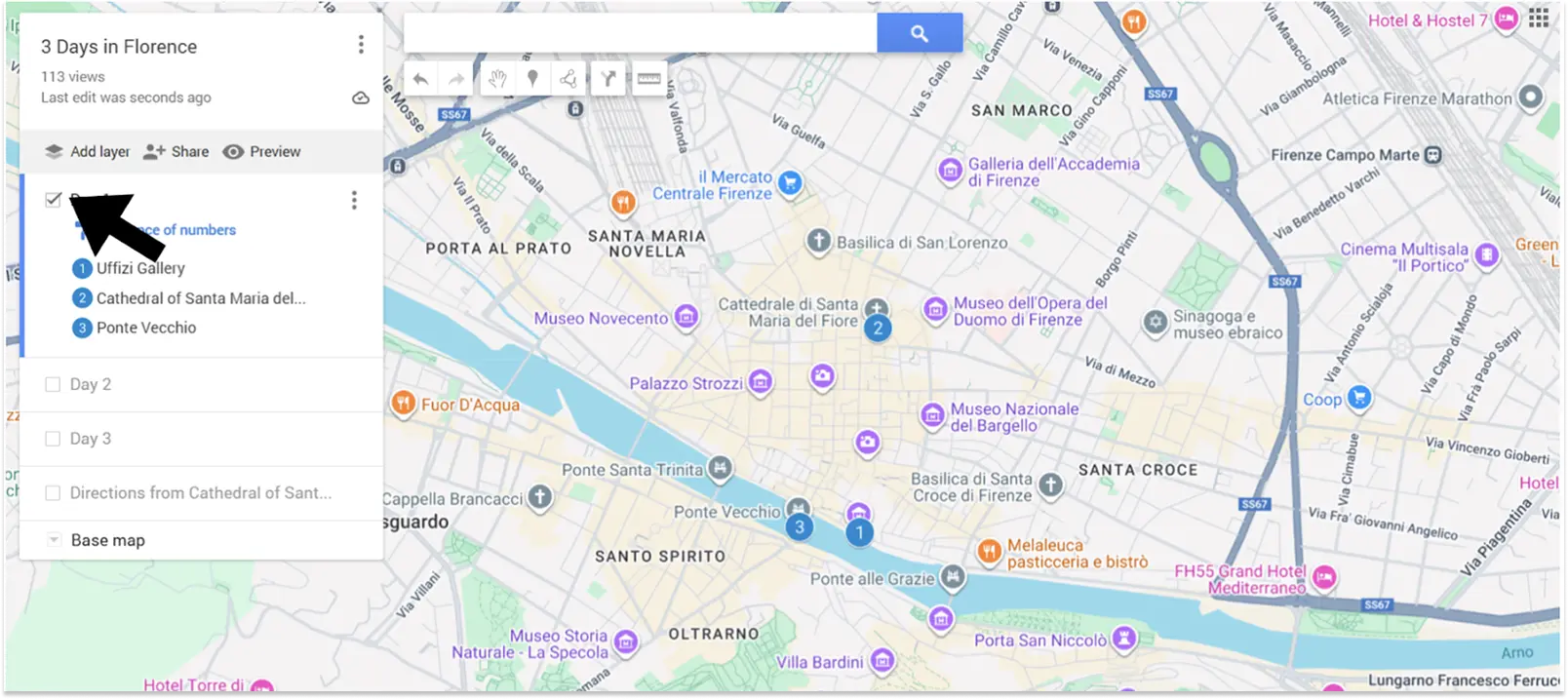 An annotated screenshot of a Google Maps trip showing how to toggle layer visibility