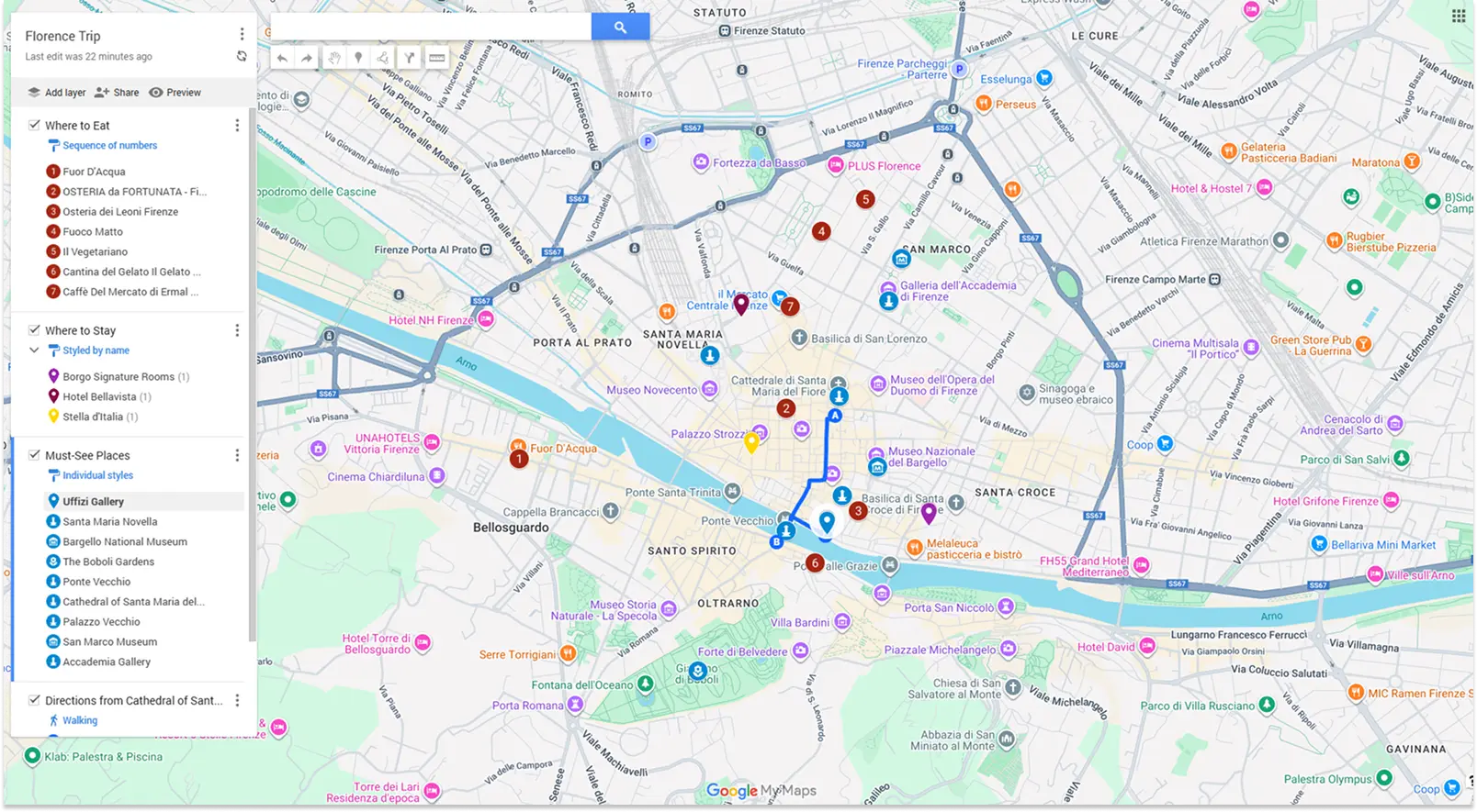 A screenshot of Google Maps trip planning with layers for places to eat, stay and visit