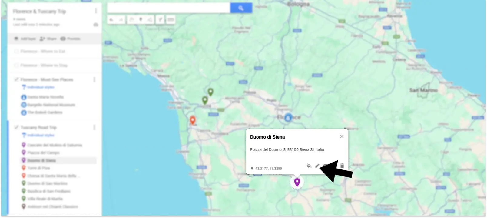 A screenshot of Google Maps pin editing options
