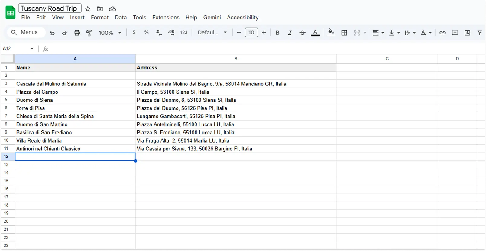Screenshot of Google Sheets with a list of destinations in Tuscany