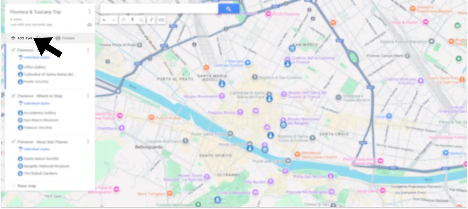 Annotated screenshot of Google Maps highlighting the add layer feature