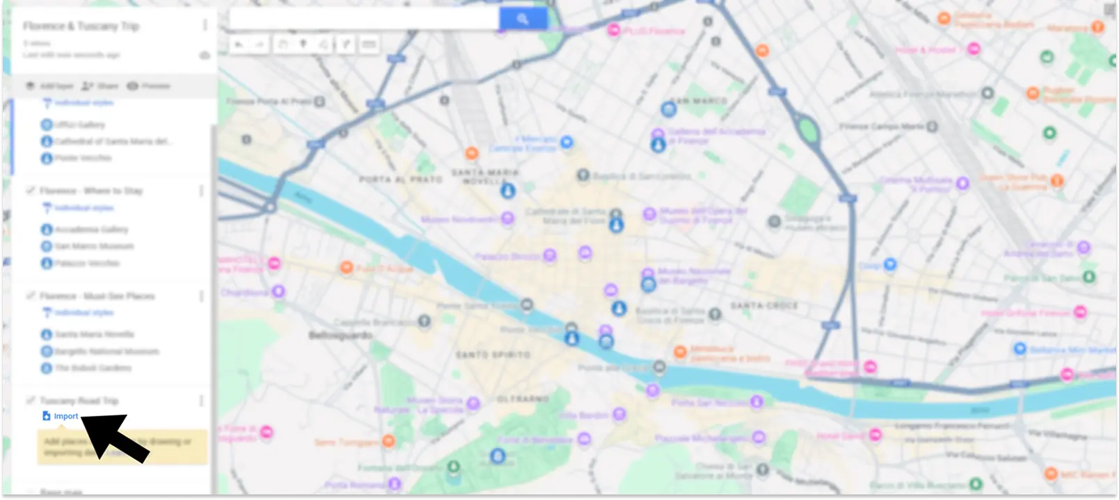 Annotated screenshot of Google Maps highlighting the import feature