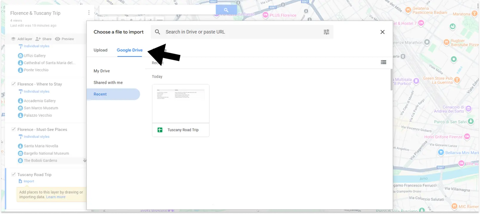 Annotated screenshot of Google Maps highlighting the upload option