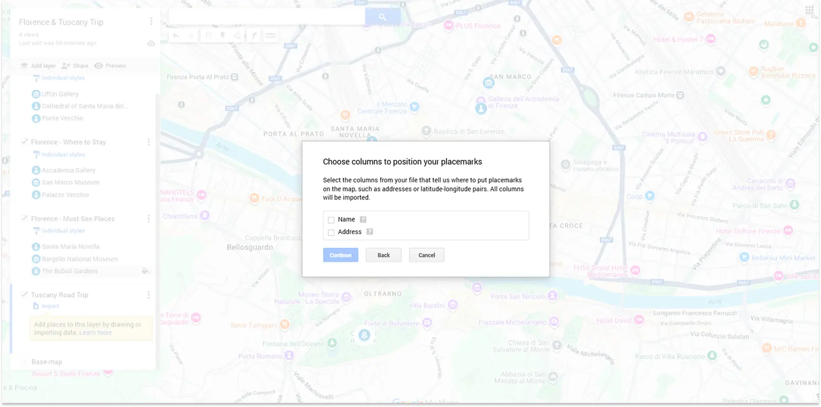 Screenshot of Google Maps import feature showing how to choose columns
