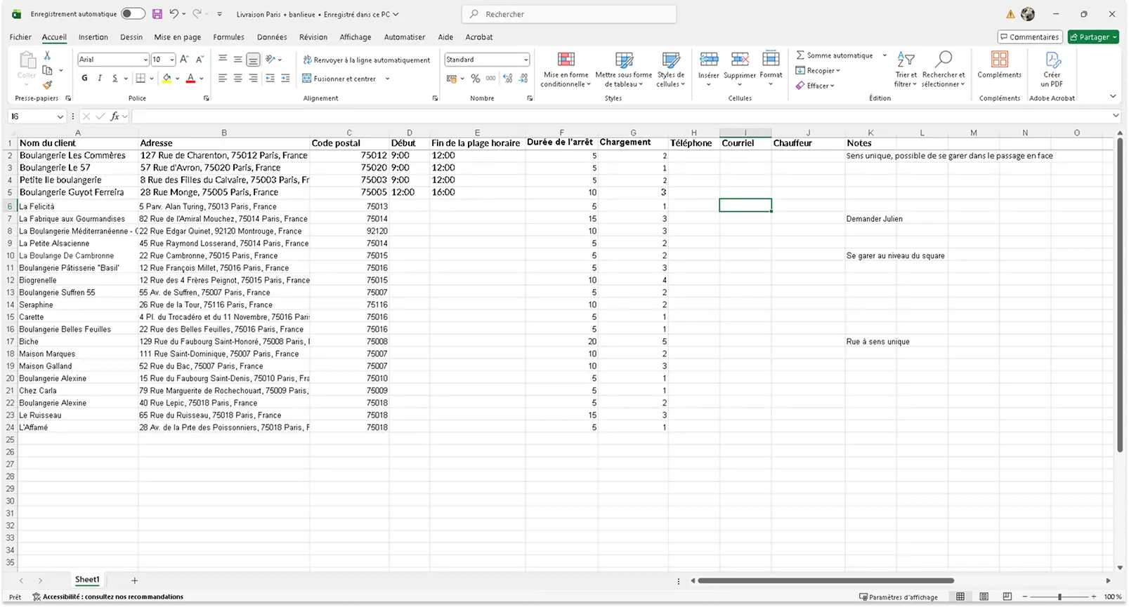 Capture d'écran montrant une feuille Excel affichant les informations d’un itinéraire de livraison